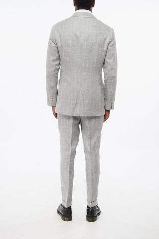 Abito Doppiopetto in Misto Lino con Motivo Gessato