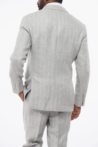 Abito Doppiopetto in Misto Lino con Motivo Gessato