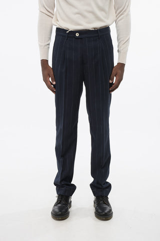 Virgin-Wool-Blend 1-Pleat Trousers with Pinstripe