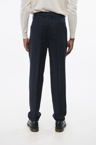 Virgin-Wool-Blend 1-Pleat Trousers with Pinstripe