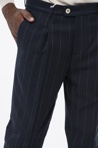 Virgin-Wool-Blend 1-Pleat Trousers with Pinstripe