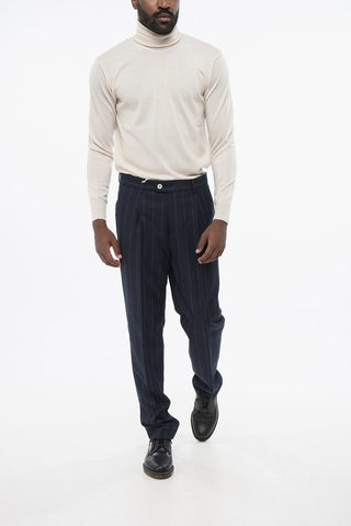 Virgin-Wool-Blend 1-Pleat Trousers with Pinstripe