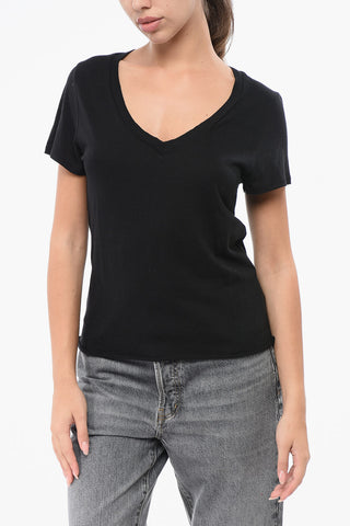 T-Shirt in Misto Cotone a Tinta Unita con Scollo a V