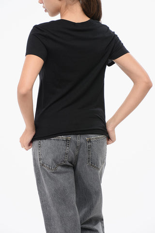 T-Shirt in Misto Cotone a Tinta Unita con Scollo a V