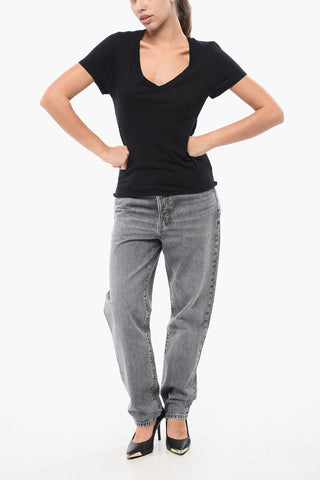 T-Shirt in Misto Cotone a Tinta Unita con Scollo a V