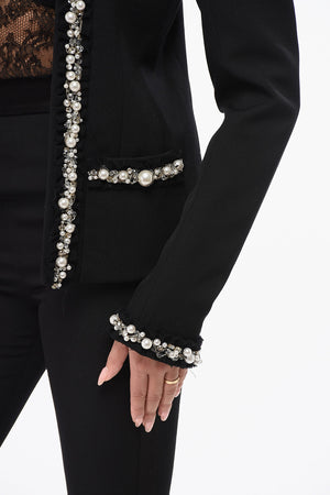 Blazer Collarless con Perle Decorative