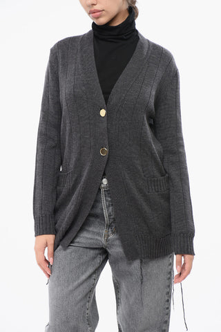 Merino Wool Ribbed Cardigan with Gold Buttons and Fringed Details