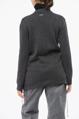 Merino Wool Ribbed Cardigan with Gold Buttons and Fringed Details