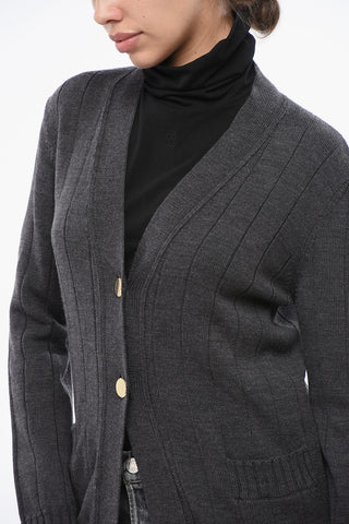 Merino Wool Ribbed Cardigan with Gold Buttons and Fringed Details