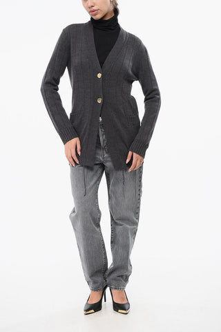 Merino Wool Ribbed Cardigan with Gold Buttons and Fringed Details