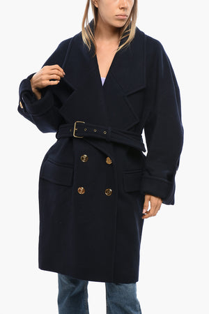 Wool-Blend Double-Breasted Coat with Belt