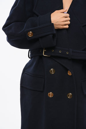 Wool-Blend Double-Breasted Coat with Belt