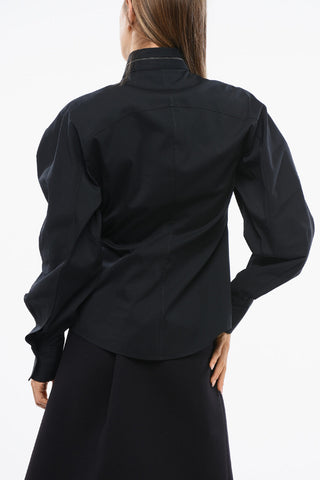 Popelin Cotton Mandarin Shirt with Rhinestone