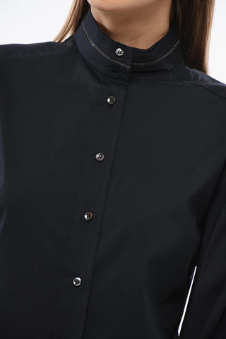 Popelin Cotton Mandarin Shirt with Rhinestone