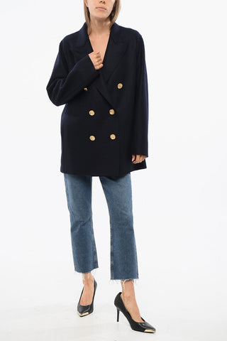 Virgin Wool Double Breasted Coat with Golden Effect Buttons
