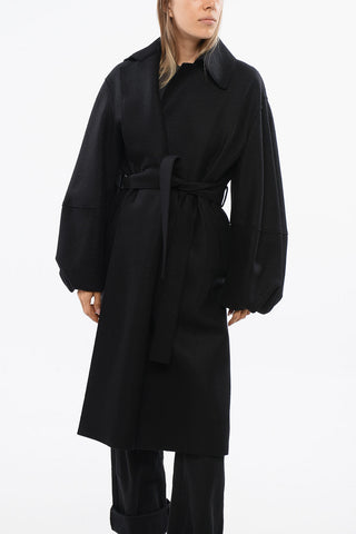 Maxi Cappotto In Lana Vergine con Maniche Puff