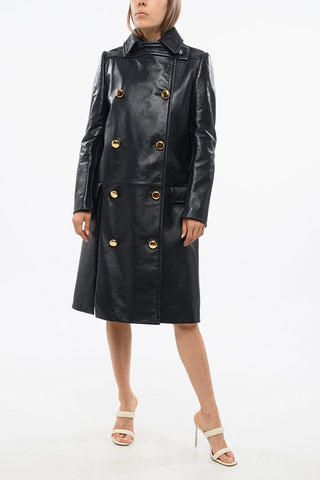 Leather Double Breasted Coat with Golden-Effect Buttons