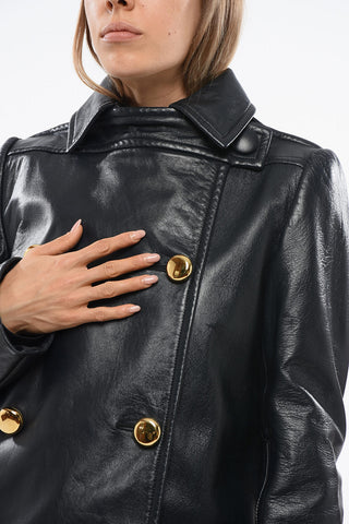 Leather Double Breasted Coat with Golden-Effect Buttons