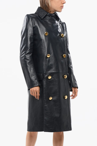 Leather Double Breasted Coat with Golden-Effect Buttons