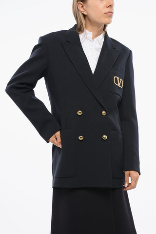 Virgin Wool Double Breasted Blazer with Metallic Monogram