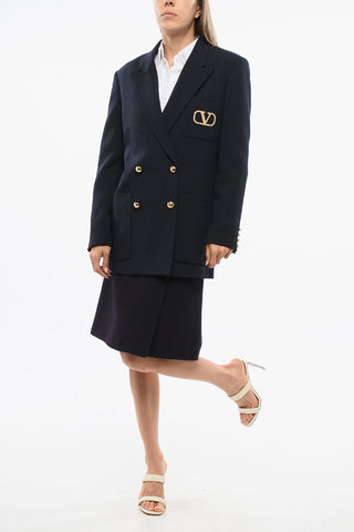 Virgin Wool Double Breasted Blazer with Metallic Monogram