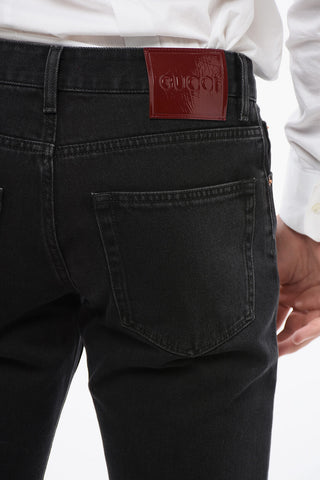 Straight Leg Jeans with Patent Leather Logo Patch 17cm