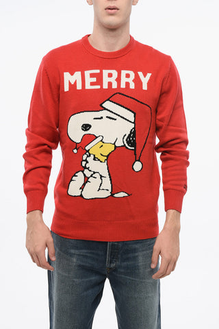 PEANUTS Wool Blend MERRY SNOOPY Crew-neck Sweater with Frontal Embroidery