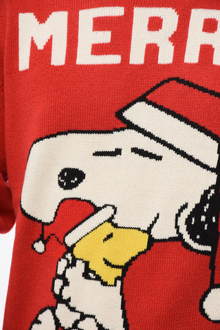 PEANUTS Wool Blend MERRY SNOOPY Crew-neck Sweater with Frontal Embroidery