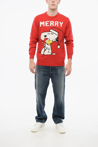 PEANUTS Wool Blend MERRY SNOOPY Crew-neck Sweater with Frontal Embroidery