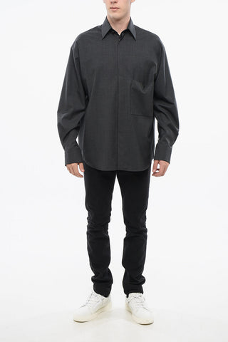 Loose Fit Virgin Wool Shirt with Metal Detail on Breast Pocket
