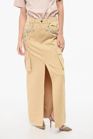 데님 맥시 카고 스커트 보석 장식