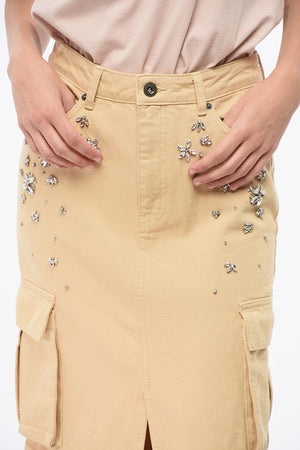 데님 맥시 카고 스커트 보석 장식