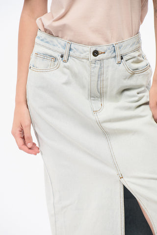 Bleached-Effect Denim Maxi Skirt with Front Slit