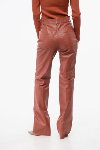 Pantaloni in Pelle a 5 Tasche con Bottone Logato