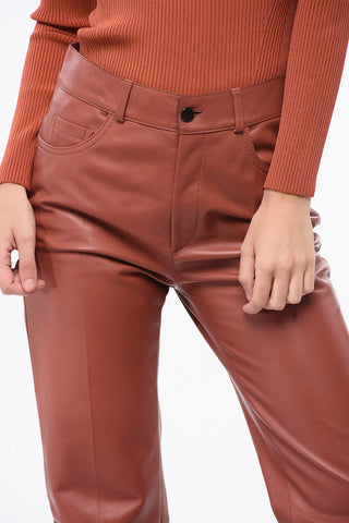 Pantaloni in Pelle a 5 Tasche con Bottone Logato