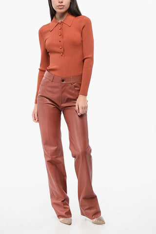 Pantaloni in Pelle a 5 Tasche con Bottone Logato