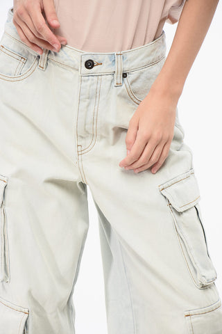 Bleached-Effect Cargo Jeans with Exposed Seams
