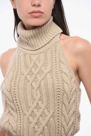 Sleeveless Cable Knit Cashemere Turtleneck Sweater