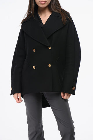 Peacoat a Doppiopetto in Panno di Lana con Bottoni Effetto Dorati
