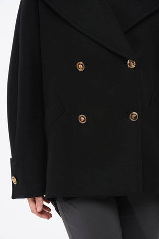 Peacoat a Doppiopetto in Panno di Lana con Bottoni Effetto Dorati