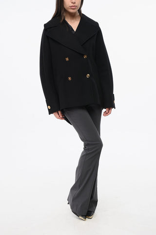 Peacoat a Doppiopetto in Panno di Lana con Bottoni Effetto Dorati