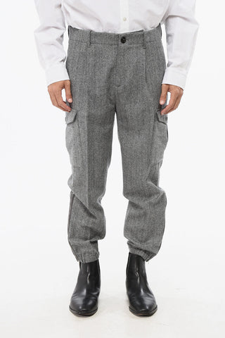Herringbone Motif Single-Pleated Virgin Wool Cargo Pants with Ankle Zip