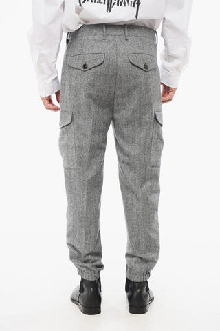 Herringbone Motif Single-Pleated Virgin Wool Cargo Pants with Ankle Zip