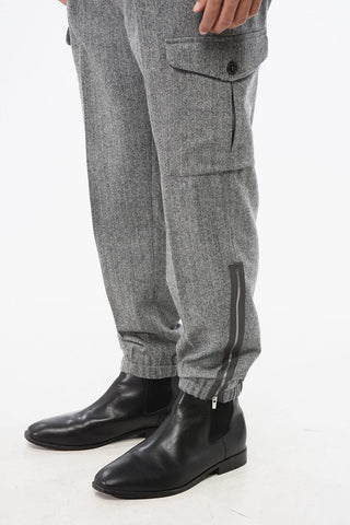 Herringbone Motif Single-Pleated Virgin Wool Cargo Pants with Ankle Zip