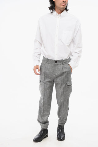 Herringbone Motif Single-Pleated Virgin Wool Cargo Pants with Ankle Zip