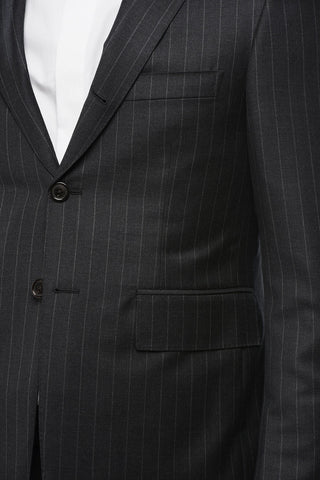 Pinstriped Wool Side Vents Notch Lapel 2-Button Blazer