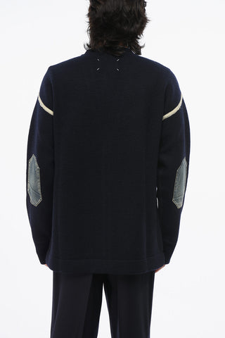 MM1 Wool Cardigan with V-Neck and Denim Patches