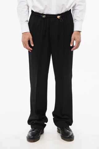 Straight Leg Pants with Elastic Waistband and Golden Medusa Details