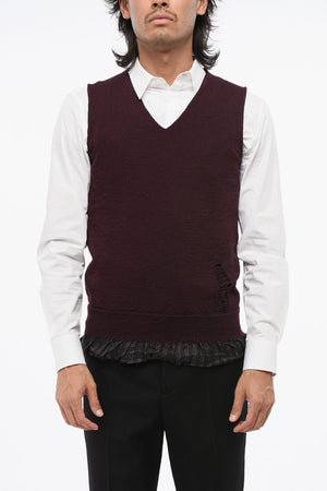 MM14 Gilet in Lana Effetto Vintage con Fodera a Righe