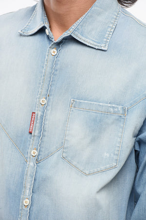 Camicia in Denim Lavaggio Chiaro con Dettaglio Elastico in Vita